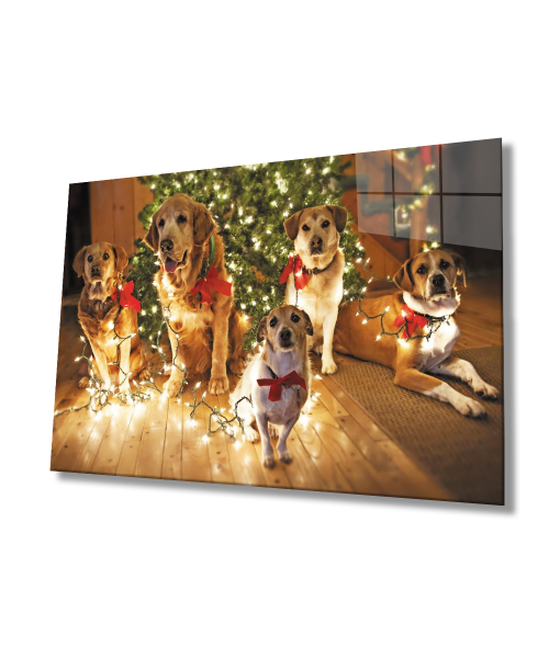 Noel  Ağacı Süslü Köpekler Cam Tablo  4mm Dayanıklı Temperli Cam