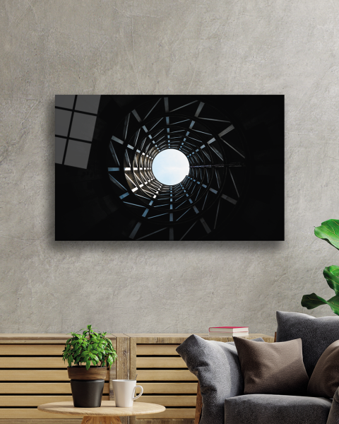 Siyah Beyaz  Aşağıdan Yukarı Doğru Geometrik Tablo 4mm Dayanıklı Temperli Cam  Black and White Geometric Glass Painting