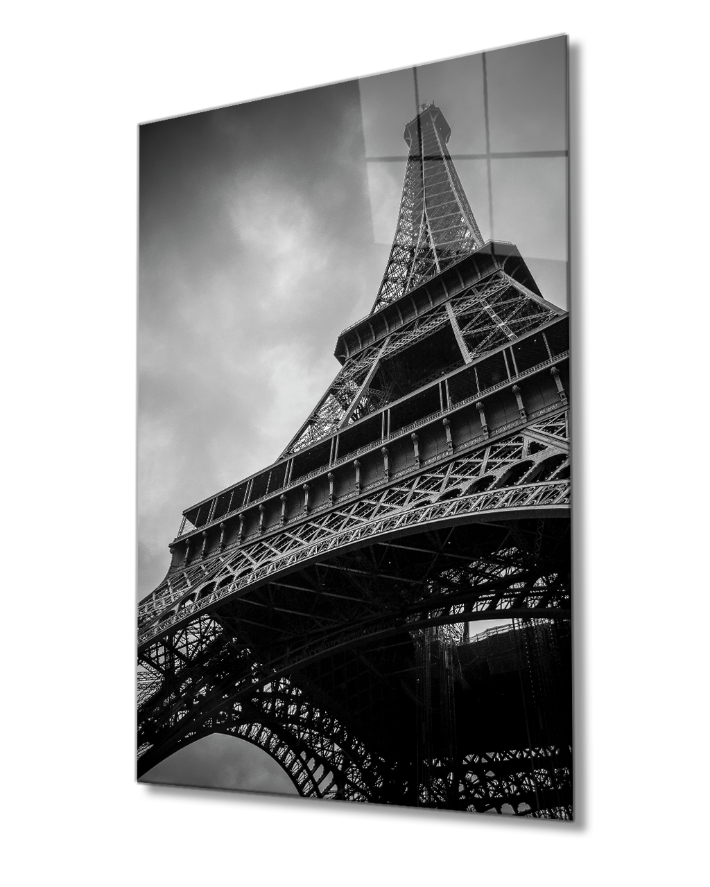 Eyfel Kulesi  Aşağıdan Yukarı Doğru Cam Tablo 4mm Dayanıklı Temperli Cam  Black and White Eiffel Tower Glass Painting