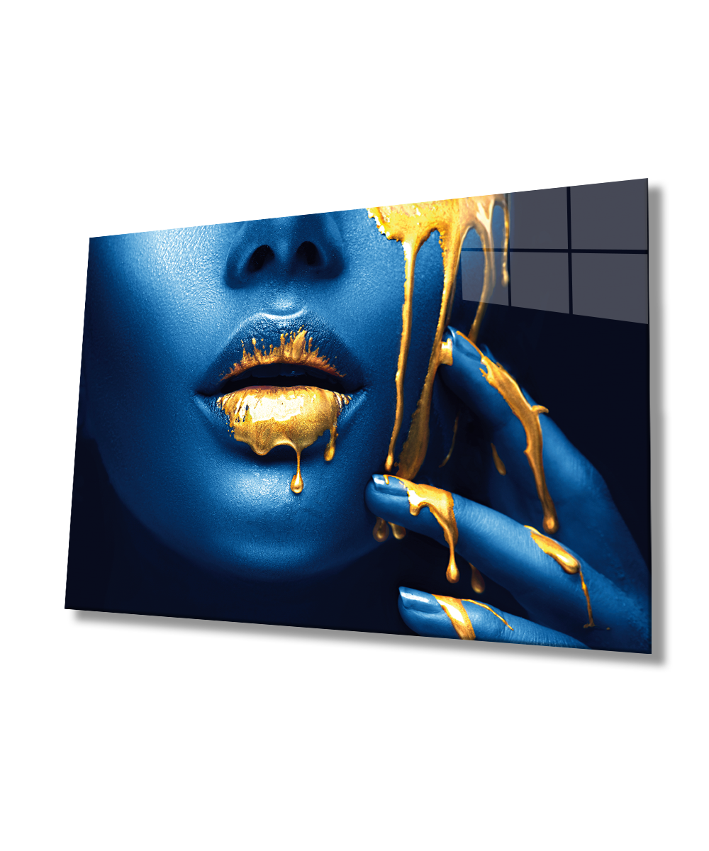 Kadınlar Sarı Dudak Mavi Kadın Cam Tablo 4mm Dayanıklı Temperli Cam, Women Yellow and Lip Glass Wall Art