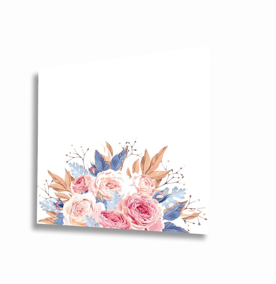Pastel Renkli Sulu Boya Çiçekler Uv Baskılı Cam Tablo 4mm Dayanıklı Temperli Cam 50x50 Cm