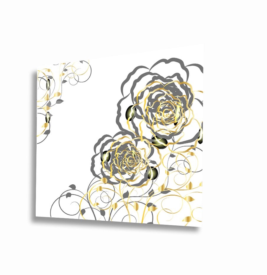 Kahverengi Gri Renkli Sulu Boya Çiçekler Uv Baskılı Cam Tablo 4mm Dayanıklı Temperli Cam 50x50 Cm