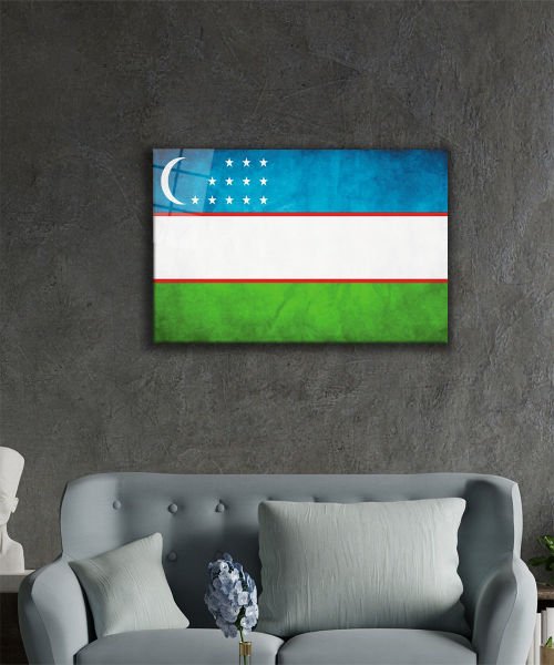 Özbekistan Bayrağı Cam Tablo  4mm Dayanıklı Temperli Cam, Uzbekistan Flag Glass Wall Art