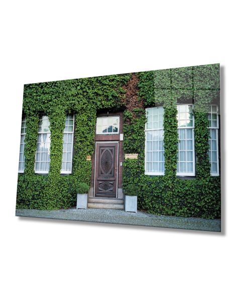 Sarmaşıklı Ev ve Oyma  Kapı Cam Tablo  4mm Dayanıklı Temperli Cam Ivy House and Carved Door Glass Table 4mm Durable Tempered Glass