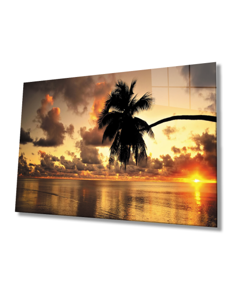 Gün Batımı Palmiye Deniz Manzarası Cam Tablo  4mm Dayanıklı Temperli Cam Sunset Palm Seascape Glass Table 4mm Durable Tempered Glass