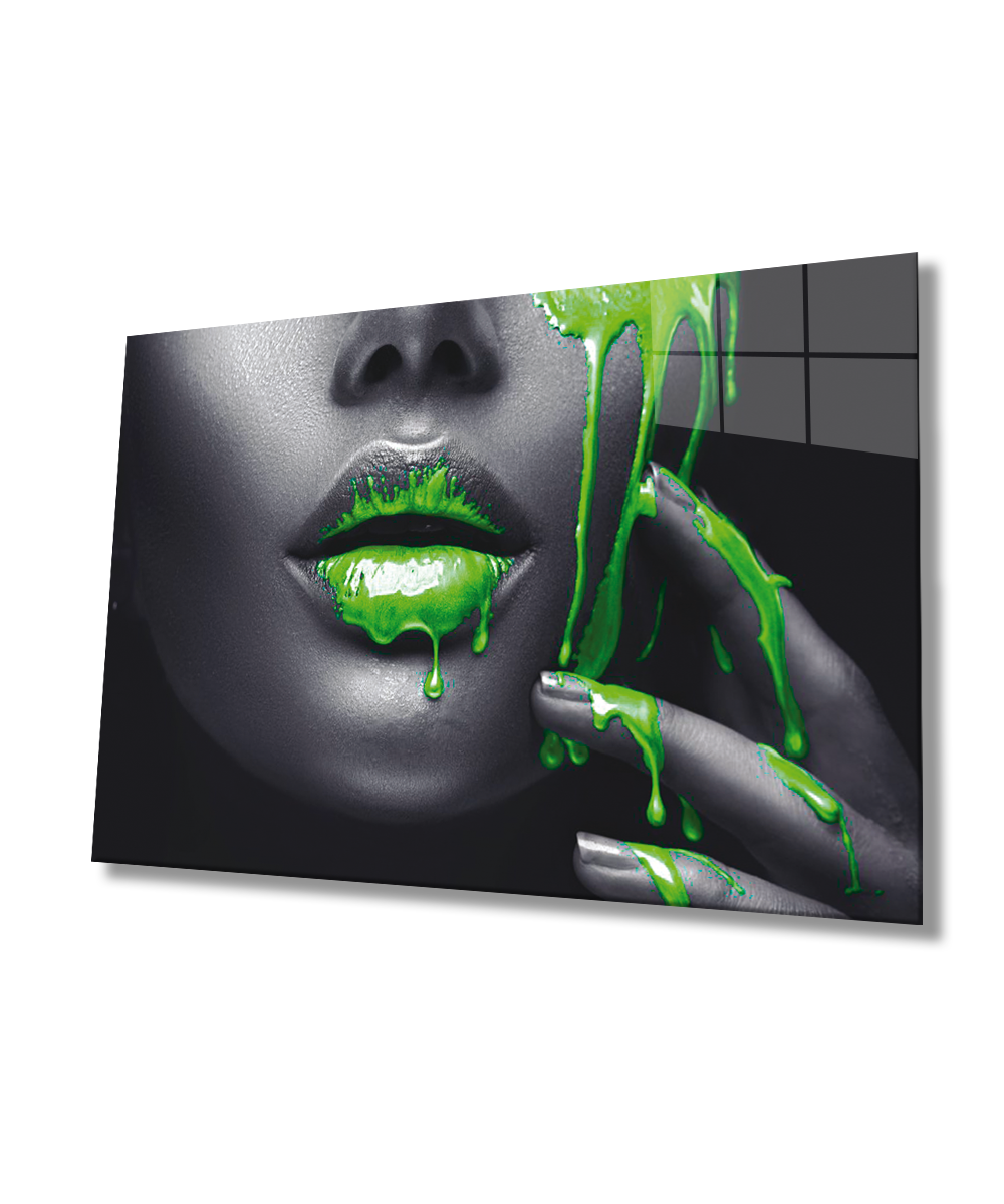 Kadınlar Yeşil Dudak Kadın Cam Tablo 4mm Dayanıklı Temperli Cam, Women Green and Lip Glass Wall Art