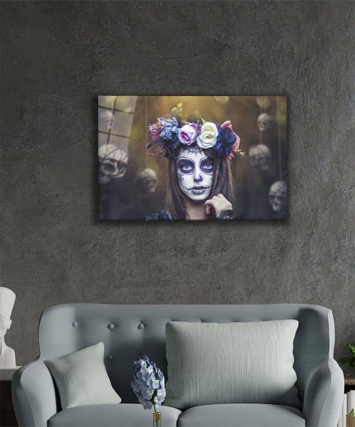 Şeker Kafatası Taçlı Kadın Cam Tablo  4mm Dayanıklı Temperli Cam, Sugar Skull Crowned Woman Glass Wall Art