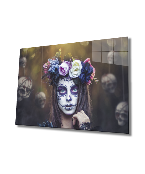 Şeker Kafatası Taçlı Kadın Cam Tablo  4mm Dayanıklı Temperli Cam, Sugar Skull Crowned Woman Glass Wall Art