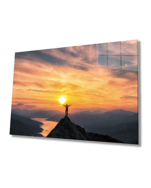 Gün Batımı Dağ İnsan Irmak Manzaralı Cam  Sunset Mountain Human River View Glass Painting 4mm Durable Tempered GlassTablo  4mm Dayanıklı Temperli Cam