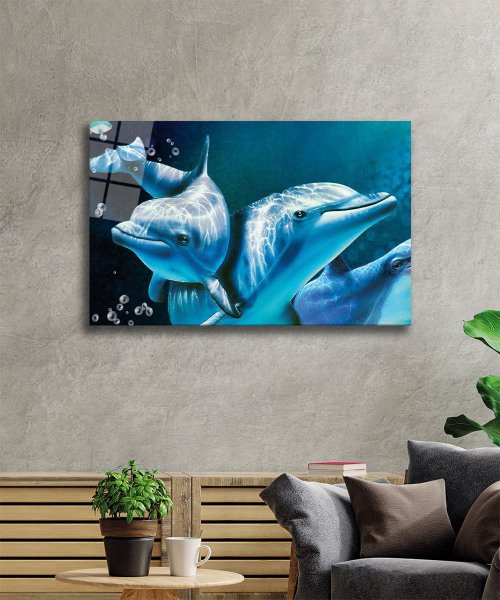 Yunus Balıkları Cam Tablo  4mm Dayanıklı Temperli Cam, Dolphins Glass Wall Art