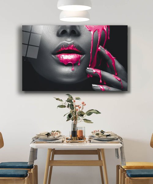 Kadınlar Pembe Dudak Kadın Cam Tablo 4mm Dayanıklı Temperli Cam, Women Pink and Lip Glass Wall Art