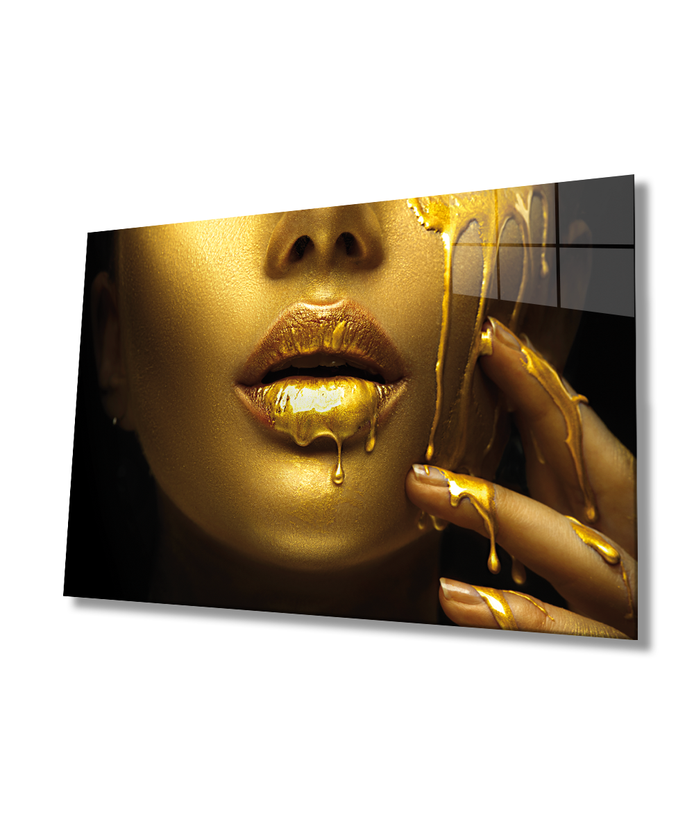 Kadınlar Gold Dudak Kadın Cam Tablo 4mm Dayanıklı Temperli Cam, Women Gold and Lip Glass Wall Art