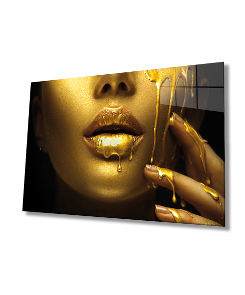 Kadınlar Gold Dudak Kadın Cam Tablo 4mm Dayanıklı Temperli Cam, Women Gold and Lip Glass Wall Art