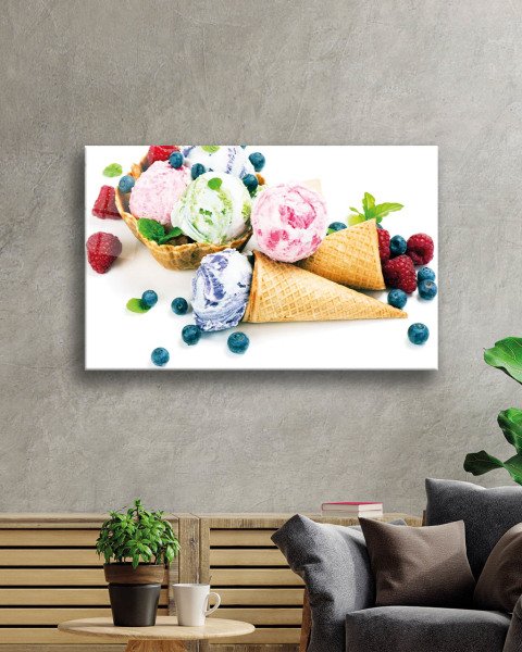 Meyveler Dondurma Cam Tablo  4mm Dayanıklı Temperli Cam, Fruits İce Cream Glass Art