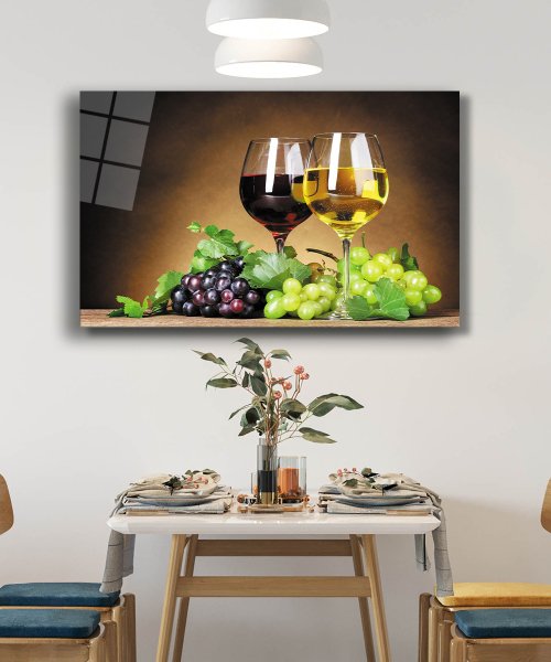 Üzüm ve Şarap  Cam Tablo  4mm Dayanıklı Temperli Cam  Grapes and Wine Glass Wall Art