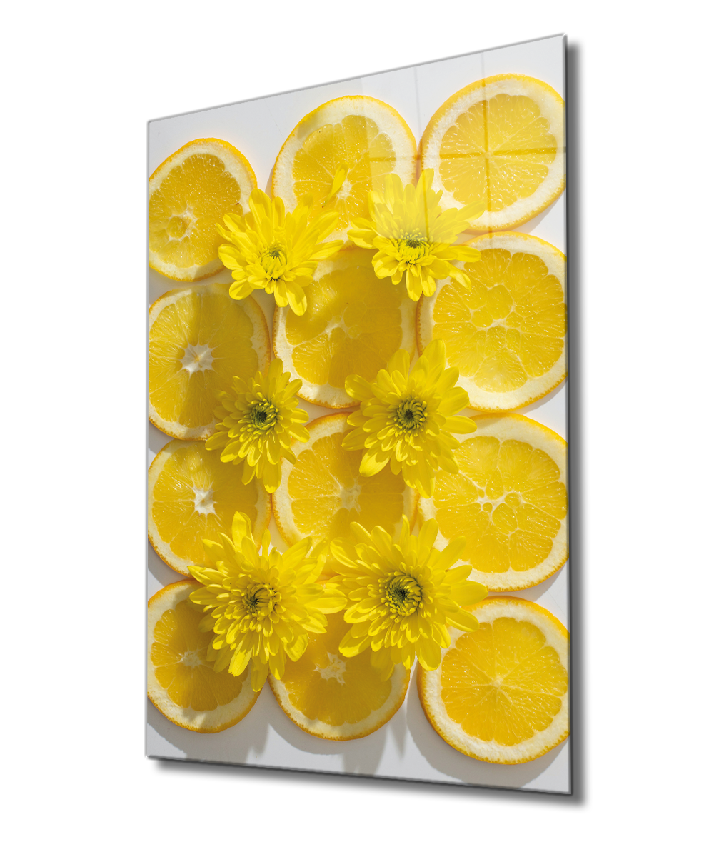 Sarı Limonlar Cam Tablo  4mm Dayanıklı Temperli Cam, Yellow Lemons Glass Wall Decor