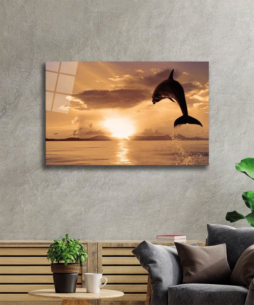 Yunus Balığı Cam Tablo  4mm Dayanıklı Temperli Cam, Dolphin Glass Wall Art