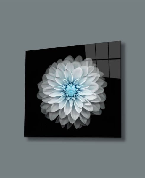 Mavi Beyaz Çiçek Uv Baskılı Cam Tablo 4mm Dayanıklı Temperli Cam 50x50 Cm