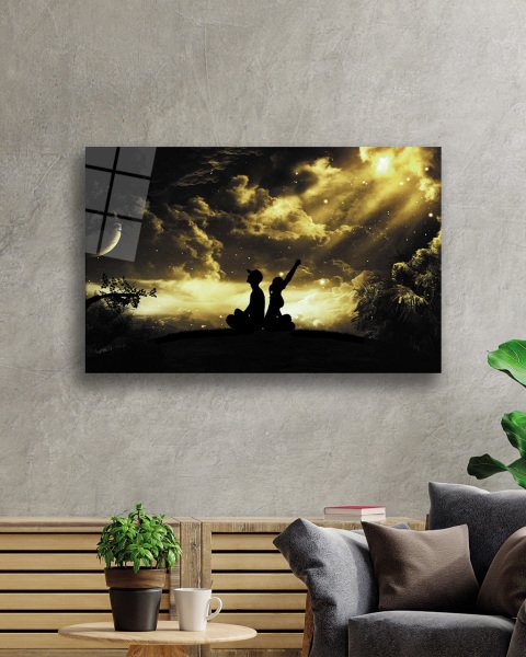 Yıldızlı Gecede İnsan Manzarası Cam Tablo  4mm Dayanıklı Temperli Cam Human Landscape In The Starry Night Glass Painting 4mm Durable Tempered Glass