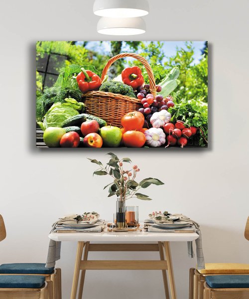 Sepette Meyve Sebze Cam Tablo  4mm Dayanıklı Temperli Cam Fruits and Vegetables in the Baske Glass Wall Art