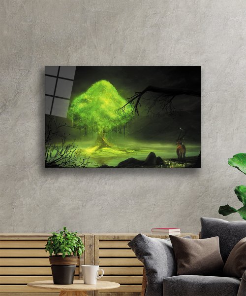 İllustrasyon Manzara Hayvan Yeşil  Cam Tablo  4mm Dayanıklı Temperli Cam Illustration Landscape Animal Green Glass Wall Art