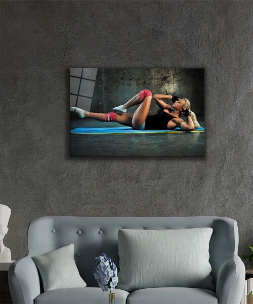 Mekik Çeken Kadın Cam Tablo  4mm Dayanıklı Temperli Cam, Woman Doing Sit-Ups Glass Wall Art