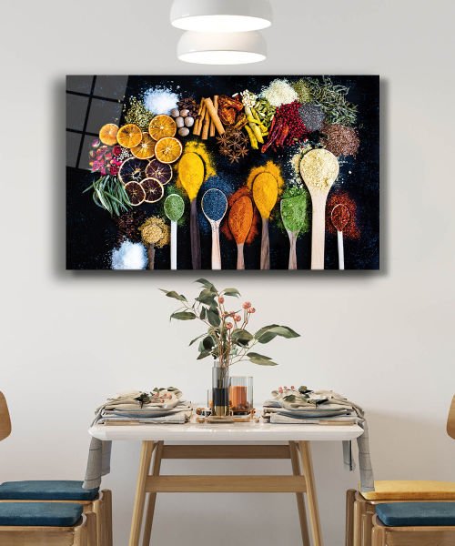Kaşıklarda Baharatlar Cam Tablo  4mm Dayanıklı Temperli Cam, Fruits on Spoon Glass Wall Decor