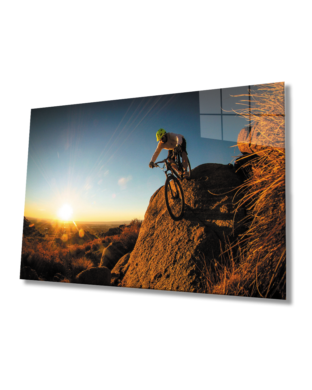 Gün Batımı Manzarasında Bisiklet Sporcusu Cam Tablo  4mm Dayanıklı Temperli Cam Cycling Athlete Glass Table In Sunset Landscape 4mm Durable Tempered Glass