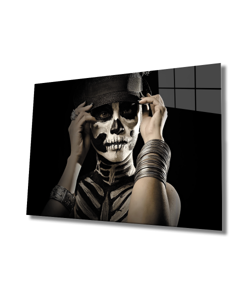 Kadınlar Kafatası Makyaj Cam Tablo  4mm Dayanıklı Temperli Cam, Women Skull Makeup Glass Wall Art