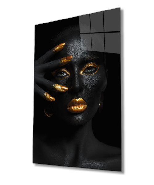 Altın Dudak ve Göz Makyajlı Afrikalı Kadın Cam Tablo  4mm Dayanıklı Temperli Cam,  African Woman with Golden Lips and Eyes Make-up Glass Wall Art