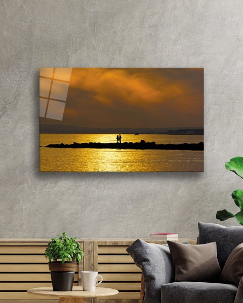 Denizde Gün Batımı Romantik  Cam Tablo  4mm Dayanıklı Temperli Cam Sunset at Sea Romantic Glass Painting 4mm Durable Tempered Glass