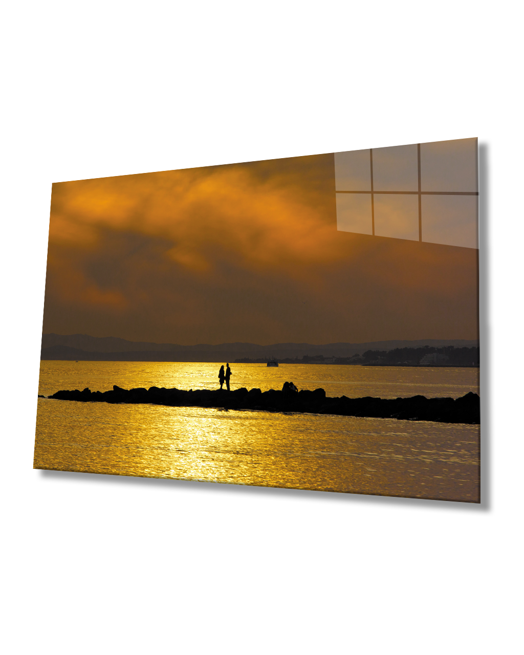 Denizde Gün Batımı Romantik  Cam Tablo  4mm Dayanıklı Temperli Cam Sunset at Sea Romantic Glass Painting 4mm Durable Tempered Glass