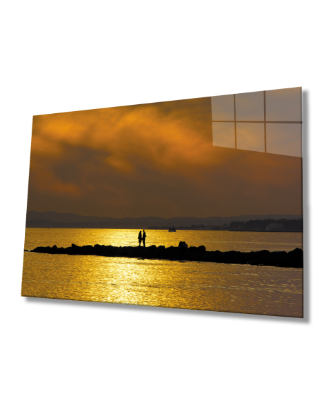 Denizde Gün Batımı Romantik  Cam Tablo  4mm Dayanıklı Temperli Cam Sunset at Sea Romantic Glass Painting 4mm Durable Tempered Glass