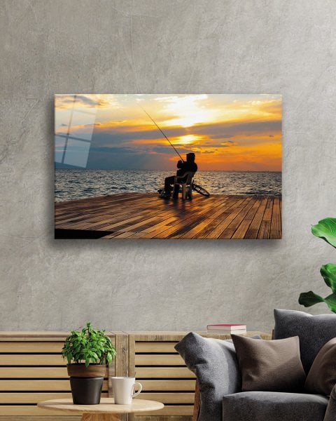Gün Batımında Balık Tutan Adam Cam Tablo  4mm Dayanıklı Temperli Cam Man Fishing At Sunset Glass Painting 4mm Durable Tempered Glass