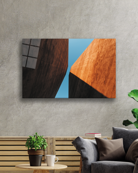 Kahverengi Mavi Geometrik Cam Tablo 4mm Dayanıklı Temperli Cam Brown Blue Geometric Building Glass Painting