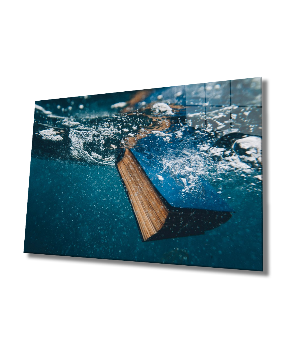 Suda Kitap Cam Tablo  4mm Dayanıklı Temperli Cam, A Book in Water Glass Wall Art