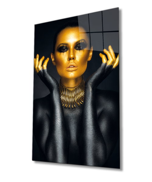 Altın Dudak ve Göz Makyajlı Kadın Cam Tablo  4mm Dayanıklı Temperli Cam, Woman with Golden Lips and Eyes Make-up Glass Wall Art