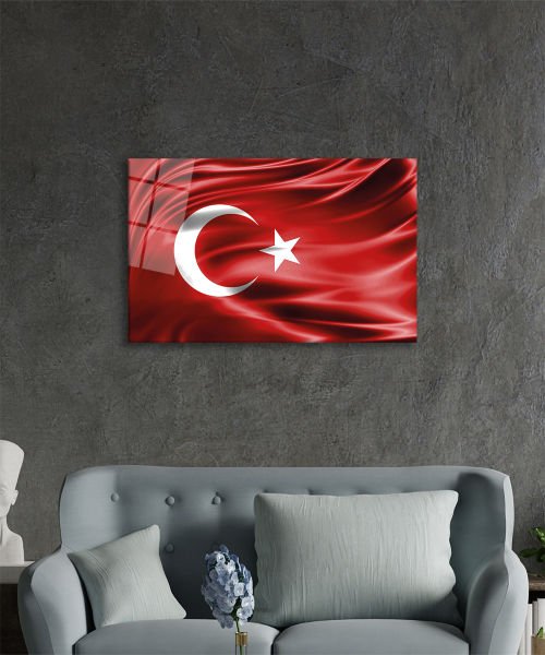 Kırmızı Dalgalı  Türk Bayrağı Cam Tablo Red Wavy Turkish Flag Glass Painting