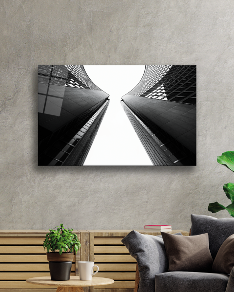 Siyah Beyaz Geometrik  Bina Cam Tablo 4mm Dayanıklı Temperli Cam Black and White Geometric Building Glass Painting