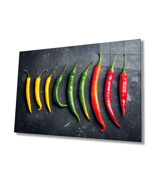 Renkli Biberler Sebze Mutfak Cam Tablo  4mm Dayanıklı Temperli Cam Vegetable Kitchen Glass Wall Art