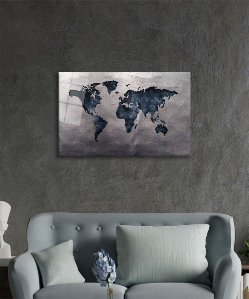 Gri Eskitme Dünya Haritası 4mm Dayanıklı Cam Tablo Temperli Cam, World Map Glass Wall Art