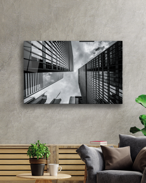 Siyah Beyaz Geomeetrik Cam Tablo 4mm Dayanıklı Temperli Cam  Black and White Glass Geometric Building Glass Painting