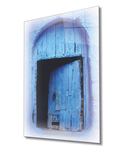 Mavi Eski Kapı Cam Tablo  4mm Dayanıklı Temperli Cam Blue Old Door Glass Table 4mm Durable Tempered Glass