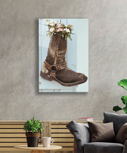 Bohem Tarzı Çizme Saksı Görselli Temperli Cam Tablo Bohemian Style Boot Pot Image Tempered Glass Glass Wall Art