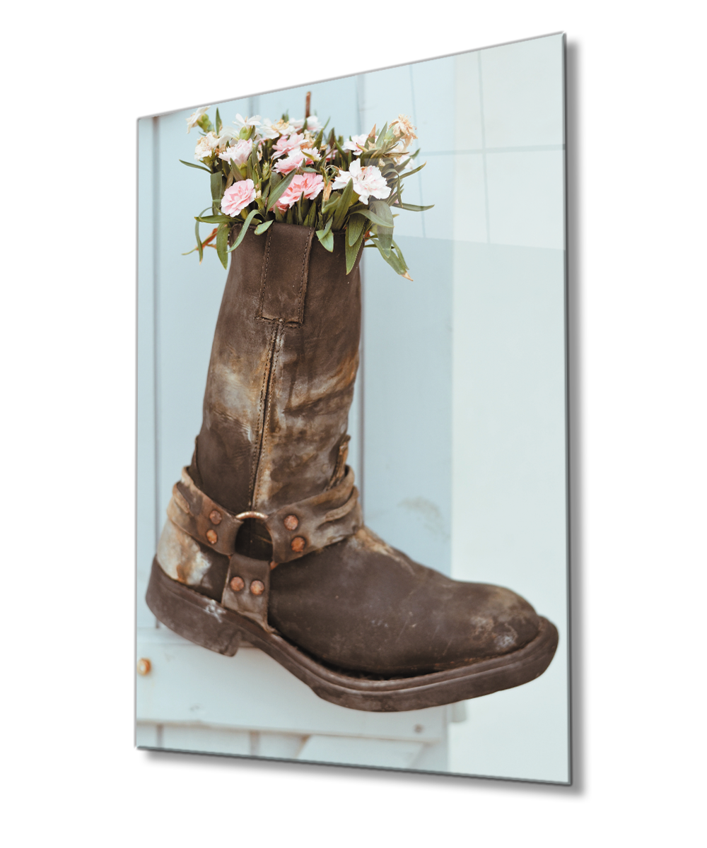 Bohem Tarzı Çizme Saksı Görselli Temperli Cam Tablo Bohemian Style Boot Pot Image Tempered Glass Glass Wall Art