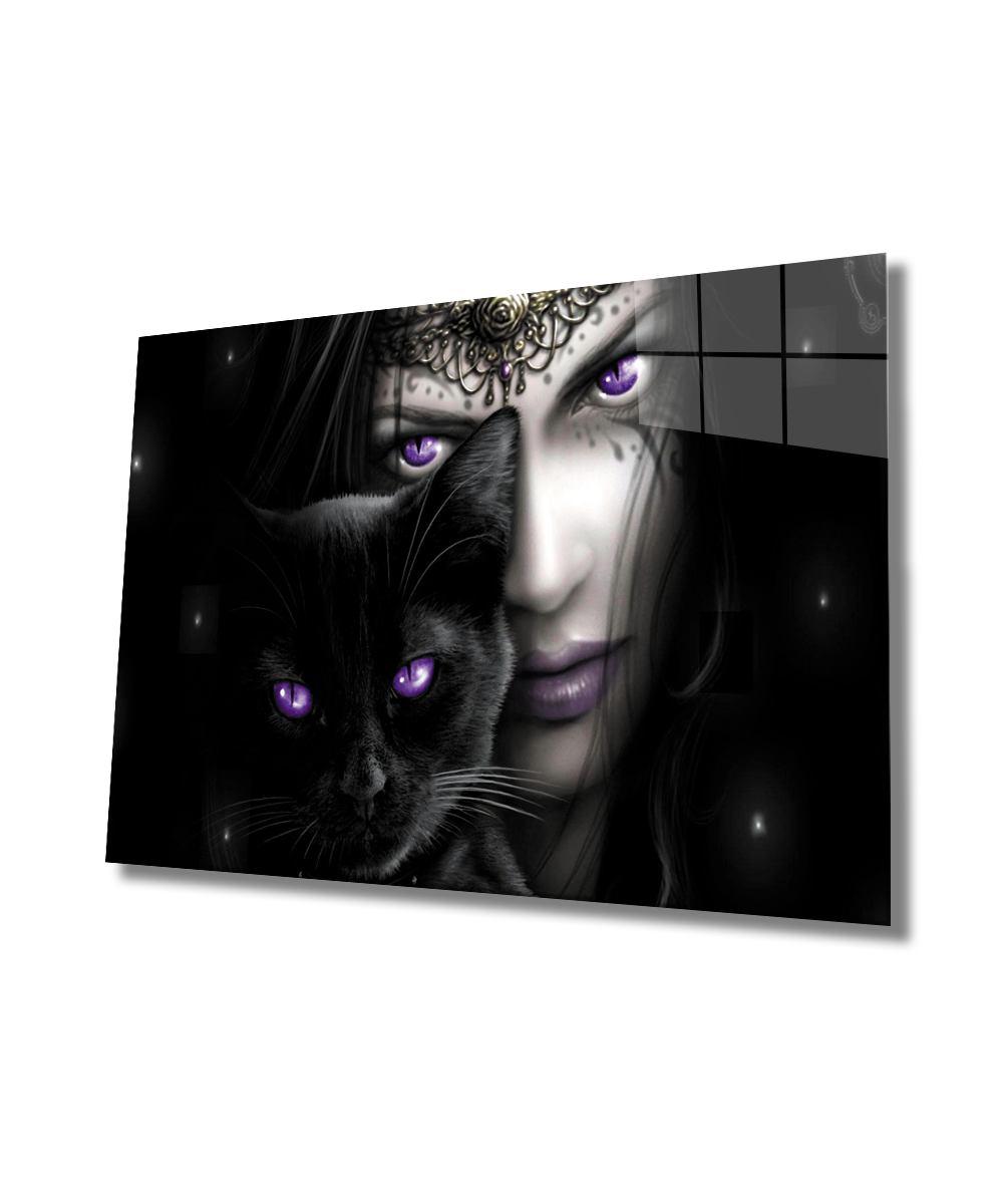 Fantastik Kadın Siyah Kedi Mor Gözler Cam Tablo  4mm Dayanıklı Temperli Cam,  Fantasy Woman Black Cat Purple Eyes Glass Wall Art