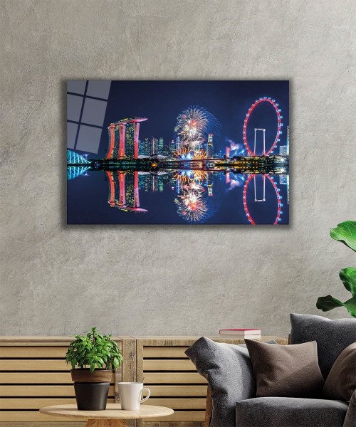 Renkli Işıklar Şehir Cam Tablo  4mm Dayanıklı Temperli Cam, City in Night Glass Wall Decor