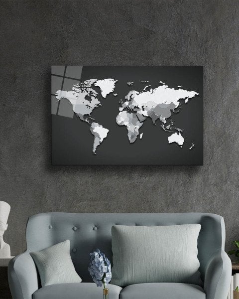 Siyah Beyaz Dünya Haritası 4mm Dayanıklı Cam Tablo Temperli Cam, World Map