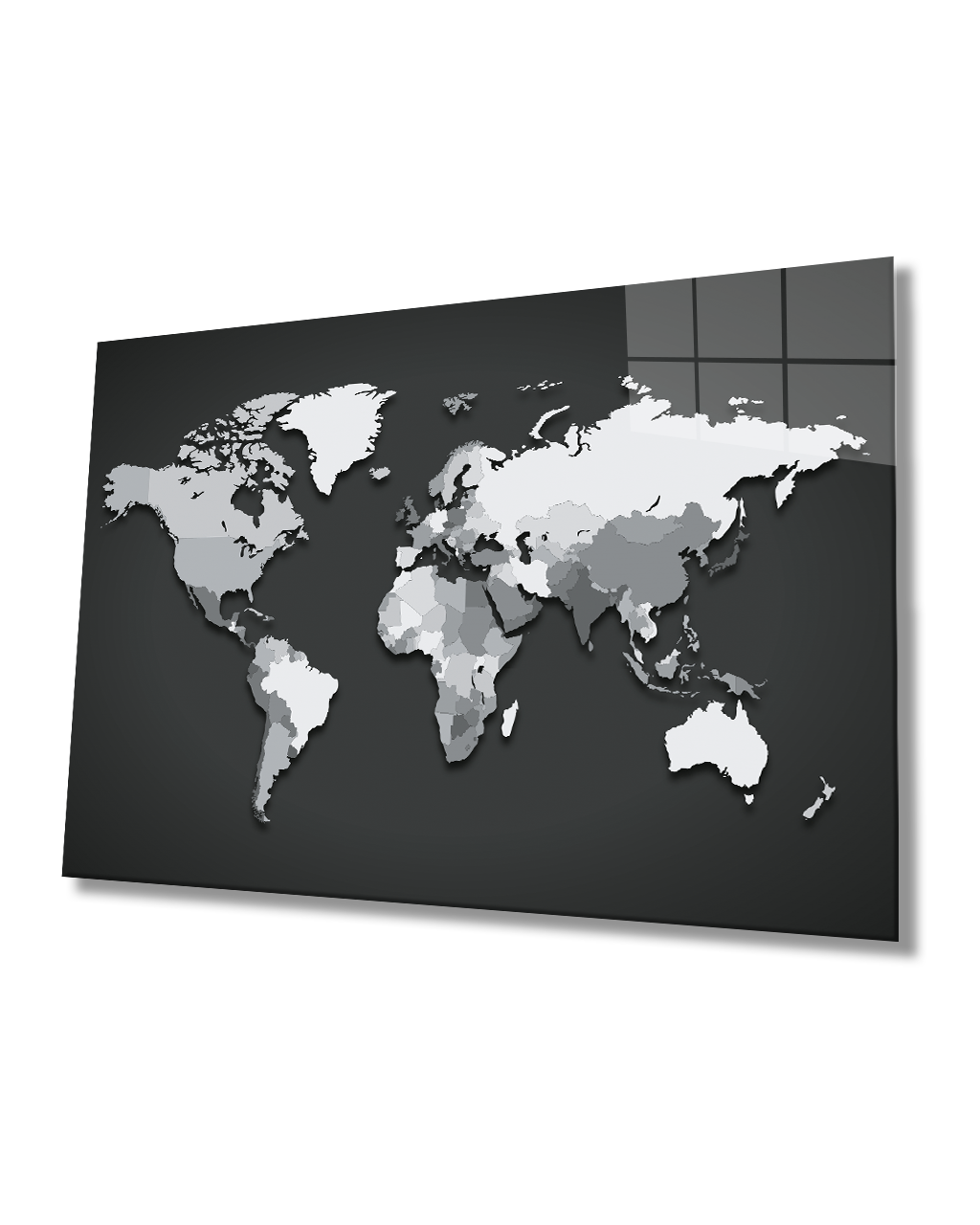 Siyah Beyaz Dünya Haritası 4mm Dayanıklı Cam Tablo Temperli Cam, World Map