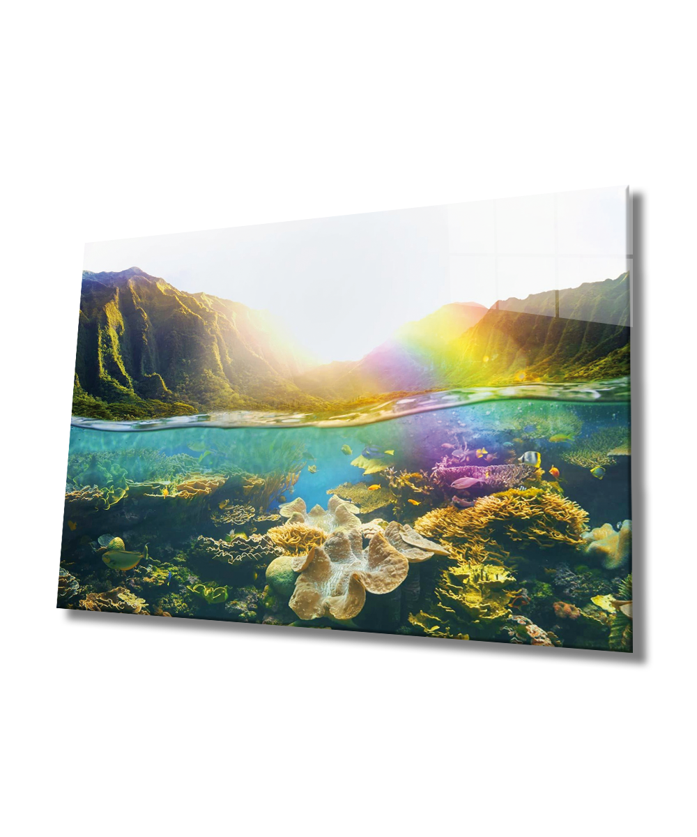 Gün Batımı ve Deniz Sualtı Cam Tablo  4mm Dayanıklı Temperli Cam, Sunset Sea Marine Life Glass Wall Art